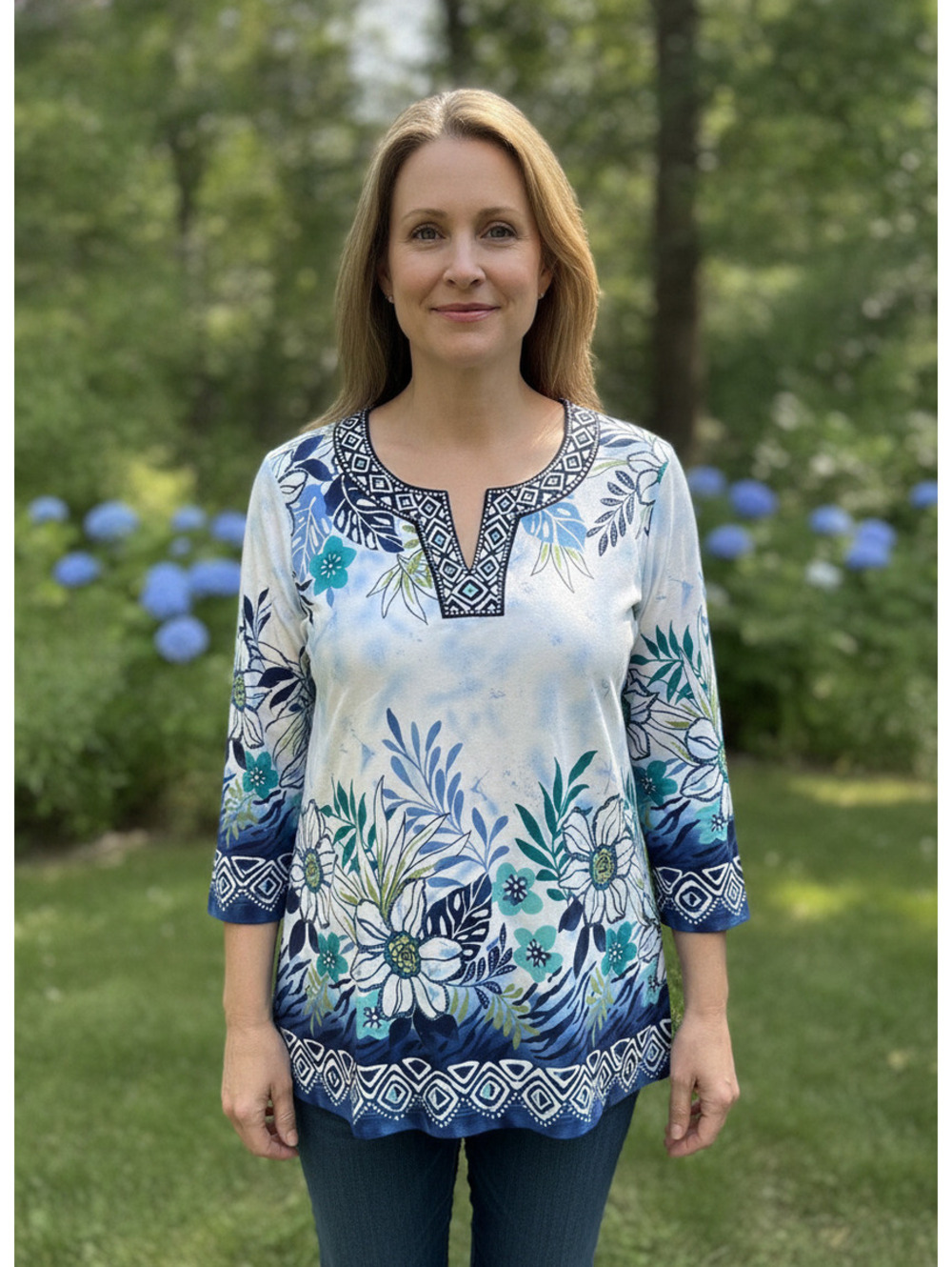 299 Alfred Dunner Petite Blue Floral Print 3/4 Sleeve Blouse PS